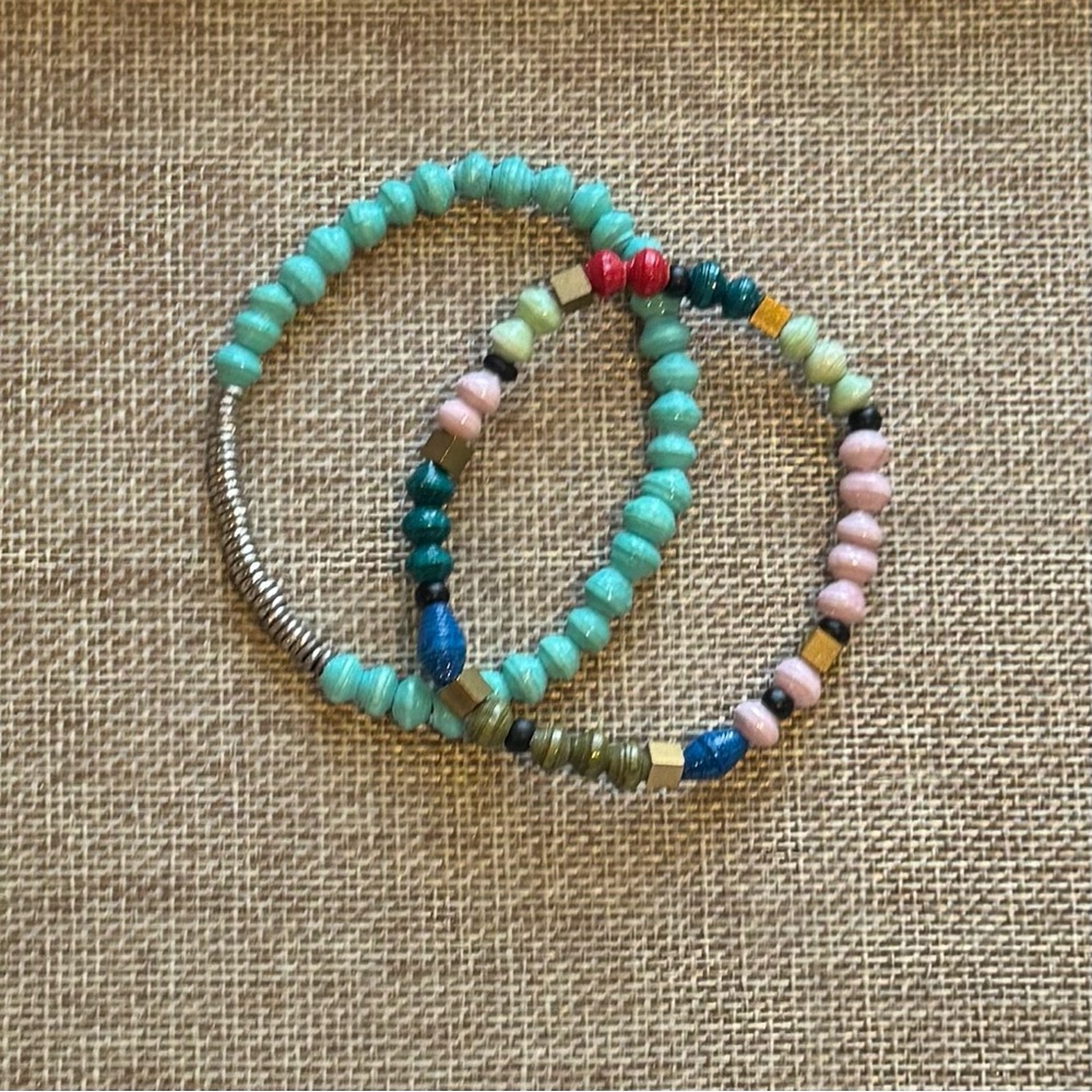 Noonday Collection Safari Stack Bracelet Aqua and Paper Play Bracelet. Qty 2